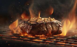 carne de vaca filete en el parrilla con fumar y llamas ai generativo foto