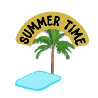 summer time text calligraphy with coconut tree and swimming pool illustration, coconut tree with swimming pool clipart, summer time typography  on transparent png