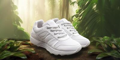 blanco blanco Deportes Zapatos Bosquejo con natural tema antecedentes. ai generativo foto