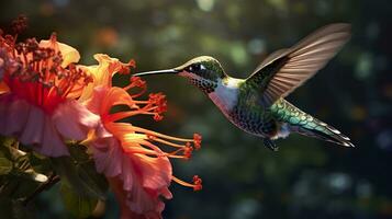 Hummingbird flying to pick up nectar from a beautiful flower. Digital artwork. AI Generative photo