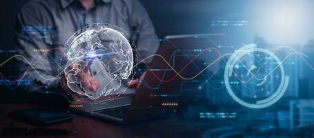 Internet network digital technology, big data, internet network connection, IoT, software development, modern tech concept. Man using laptop cloud computing on blue city background. photo