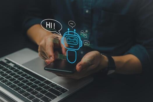 Chat with AI or Artificial Intelligence. Digital chatbot, robot application. Futuristic technology robot in online system. photo