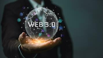 Digital communication and virtual screen technology concept WEB 3.0.hand touch globe internet. photo