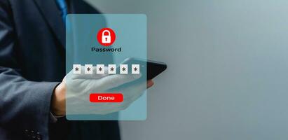 Man holding cell phone encrypted security. internet technology online access password transaction on virtual screen. photo