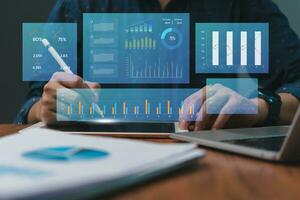 business analysis and Data Management System financial KPI data profits dashboard on virtual screen. working with big data finance management technology. business intelligence marketing report. photo