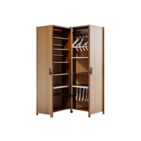 Wooden Brown Empty Closet with shelves and hangers clipart on transparent background, empty Wardrobe Storage unit clipart, Isolated cupboard, Isolated empty Armoire, Isolated wooden brown closet png