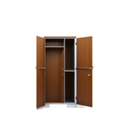 trä- brun tömma garderob med hyllor och galgar ClipArt på transparent bakgrund, tömma garderob lagring enhet ClipArt, isolerat skåp, isolerat tömma armoire, isolerat trä- brun garderob png