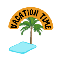 vacation time text calligraphy with coconut tree and swimming pool illustration, coconut tree with swimming pool clipart, vacation time typography  on transparent png