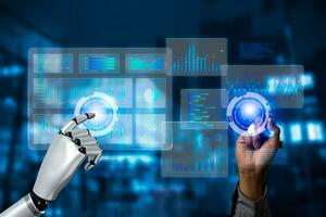 Business 3D rendering artificial intelligence AI robot dashboard Big data diagram graph virtual screen. economic analysis and investment finance and marketing business intelligence BI concept. photo