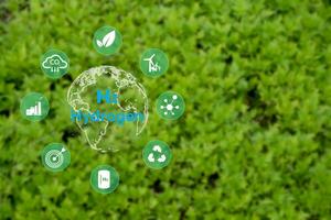 h2 hydrogen icon go green technology energy environment on green background. Hydrogen Industry Concept. photo