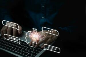 Hand of businessman chatting with smart AI or artificial intelligence, Automate chatbot Digital, robot application, OpenAI generate. Futuristic technology. photo