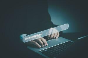 command prompt virtual screen digital technology. businessperson using computer AI Artificial Intelligence internet. photo