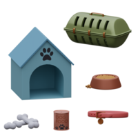 3d rendered dog set includes house, bones, food, cage and necklace perfect for pet shop design project png