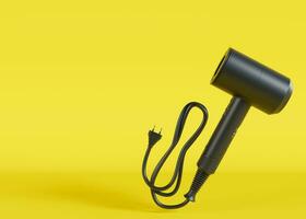 Hair dryer on yellow background with copy space. Empty space for text, advertising. Professional hair style tool. Realistic hairdryer for hairdresser salon or home usage. Tool for drying hair. 3D. photo