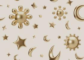 Seamless pattern with golden 3D stars, moons, suns on beige background. Applicable for fabric print, textile, wallpaper. Repeatable texture. Modern style, pattern for bedding, clothes. 3D render. photo