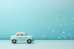 Blue background with toy car and copy space. It's a boy backdrop with empty space for text. Baby shower or birthday invitation, party. Baby boy birth announcement. Men's Day. Generative AI. photo