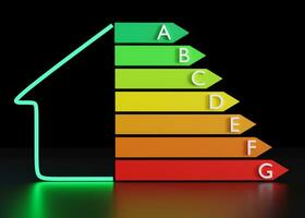 Energy efficiency rating chart and house on black background. Ecological and bio energetic home. Energy class, performance certificate, rating graph. Eco friendly, energy saving. 3d rendering. photo