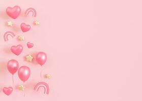 Pink background with hearts, stars, balloons and copy space. It's a girl backdrop with empty space for text. Baby shower or birthday invitation, party. Baby girl birth announcement. 3D render. photo