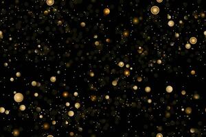 Black seamless pattern with golden glitter, sequins. Applicable for wrapping paper, print. Background with shiny sparkles, particles. Repeatable texture. Celebration, festive, event. Generative AI. photo
