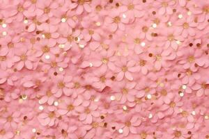 Pink seamless pattern with flowers and golden glitter, sequins. Applicable for wrapping paper, print. Background with shiny elements. Repeatable texture. Celebration, festive, event. Generative AI. photo