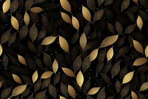 Dark seamless pattern with abstract golden leaves. Applicable for fabric print, textile, wrapping paper, wallpaper. Black background with shiny elements. Repeatable texture. Generative AI. photo