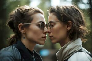 Two young women spending time together, kissing. LGBT, lesbian couple, relationship. Diversity, homosexuality. Partners with non-traditional sexual orientation. Sensual moment. Generative AI. photo