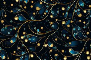 Dark seamless pattern with blue and golden ornaments. Applicable for fabric print, textile, wrapping paper, wallpaper. Vintage, classic style. Repeatable texture. Generative AI. photo