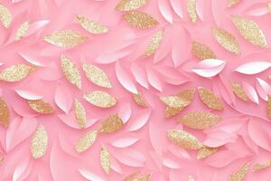 Seamless pattern with abstract golden leaves. Applicable for fabric print, textile, wrapping paper, wallpaper. Pink background with shiny elements. Repeatable texture. Generative AI. photo