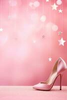 Pink background with high-heeled female shoe, copy space. Women's Day. It's a girl backdrop with empty space. Baby shower or birthday invitation, party. Baby girl birth announcement. Generative AI. photo