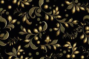 Dark seamless pattern with golden ornaments. Applicable for fabric print, textile, wrapping paper, wallpaper. Background with leaves. Vintage, classic style. Repeatable texture. Generative AI. photo
