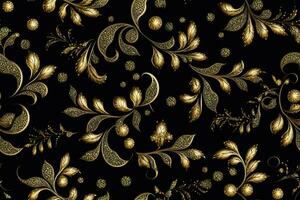 Dark seamless pattern with golden ornaments. Applicable for fabric print, textile, wrapping paper, wallpaper. Background with leaves. Vintage, classic style. Repeatable texture. Generative AI. photo