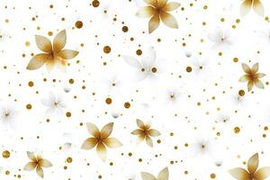 Seamless pattern with golden flowers and glitter. Applicable for fabric print, textile, wrapping paper, wallpaper. White background with shiny elements. Repeatable texture. Generative AI. photo