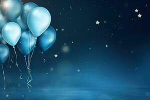 Blue background with balloons, stars and copy space. It's a boy backdrop with empty space for text. Baby shower or birthday invitation, party. Baby boy birth announcement. Men's Day. Generative AI. photo