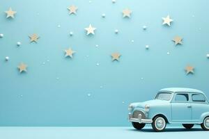 Blue background with toy car and copy space. It's a boy backdrop with empty space for text. Baby shower or birthday invitation, party. Baby boy birth announcement. Men's Day. Generative AI. photo