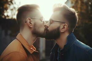 Two young men spending time together, kissing. LGBT, gay couple, relationship. Diversity, homosexuality. Partners with non-traditional sexual orientation. Sensual moment. Generative AI. photo