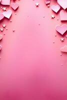 Pink background with hearts, stars and copy space. It's a girl backdrop with empty space for text. Baby shower or birthday invitation, party. Women's Day. Baby girl birth announcement. Generative AI. photo