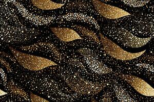 Dark seamless pattern with abstract golden leaves. Applicable for fabric print, textile, wrapping paper, wallpaper. Black background with shiny elements. Repeatable texture. Generative AI. photo
