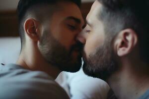 Two young men spending time together, kissing. LGBT, gay couple, relationship. Diversity, homosexuality. Partners with non-traditional sexual orientation. Sensual moment. Generative AI. photo