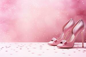 Pink background with high-heeled female shoes, copy space. Women's Day. It's a girl backdrop with empty space. Baby shower or birthday invitation, party. Baby girl birth announcement. Generative AI. photo