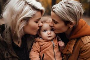 Happy lesbian couple with baby. LGBTQ family and relationship. Diversity, homosexuality. Partners with non-traditional sexual orientation. Sensual moment. Same sex couple having child. Generative AI. photo