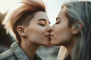 Two young women spending time together, kissing. LGBT, lesbian couple, relationship. Diversity, homosexuality. Partners with non-traditional sexual orientation. Sensual moment. Generative AI. photo