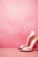 Pink background with high-heeled female shoes, copy space. Women's Day. It's a girl backdrop with empty space. Baby shower or birthday invitation, party. Baby girl birth announcement. Generative AI. photo