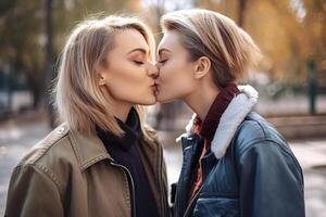 Two young women spending time together, kissing. LGBT, lesbian couple, relationship. Diversity, homosexuality. Partners with non-traditional sexual orientation. Sensual moment. Generative AI. photo