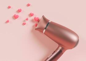 Hair dryer on pink background with hearts. Professional hair style tool. Realistic hairdryer for hairdresser salon or home usage. Tool for drying hair. 3D render. photo