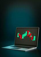 Trading chart and laptop on dark vertical background and copy space for text. Trading PC, computer. Buy, sell on stockmarket. Trader job, trade from home. Investment, finance and analysis. 3D render. photo