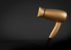 Hair dryer on black background with copy space. Empty space for your text, advertising. Professional hair style tool. Realistic hairdryer for hairdresser salon or home usage. Tool for drying hair. 3D. photo