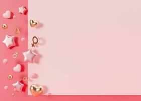 Pink background with hearts, stars, venus signs and copy space. It's a girl backdrop with empty space for text. Baby shower or birthday invitation, party. Baby girl birth announcement. 3D render. photo