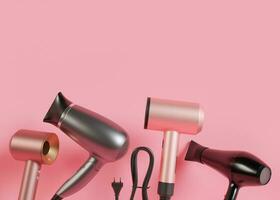 Hair dryers on pink background with copy space. Empty space for your text, advertising. Professional hair style tools. Realistic hairdryer for hairdresser salon or home usage. Tool for drying hair. 3D photo