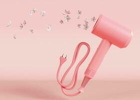 Hair dryer on pink background with flying flowers. Professional hair style tool. Realistic hairdryer for hairdresser salon or home usage. Tool for drying hair. 3D render. photo