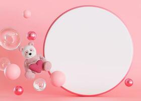 Pink and white background with teddy bear and copy space. It's a girl backdrop with empty space for text. Baby shower or birthday invitation, party. Baby girl birth announcement. 3D. photo